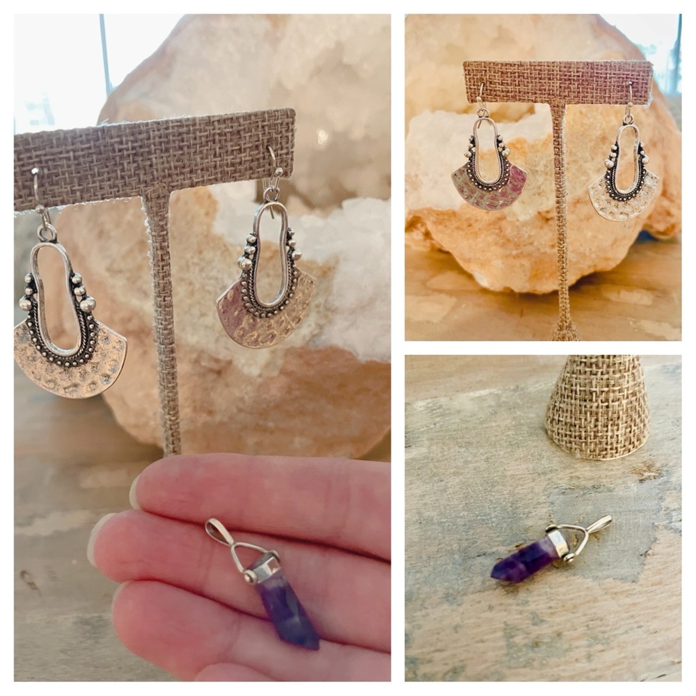 925 Silver 1” Amethyst Point Terminated Crystal Pendant and Chandelier Earrings